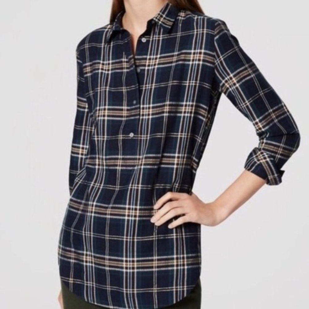 LOFT Softened Shirt in Navy & Gold Plaid, Petite